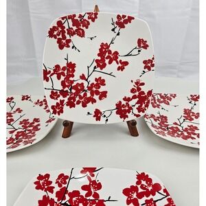 222 Fifth Mia Blossom‎ Red Square Dinner Plates Fine China Floral